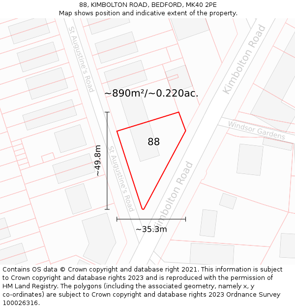 88, KIMBOLTON ROAD, BEDFORD, MK40 2PE: Plot and title map