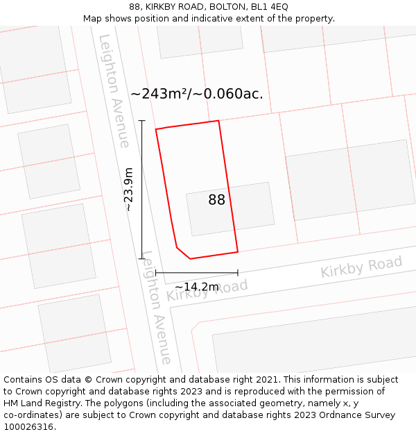 88, KIRKBY ROAD, BOLTON, BL1 4EQ: Plot and title map