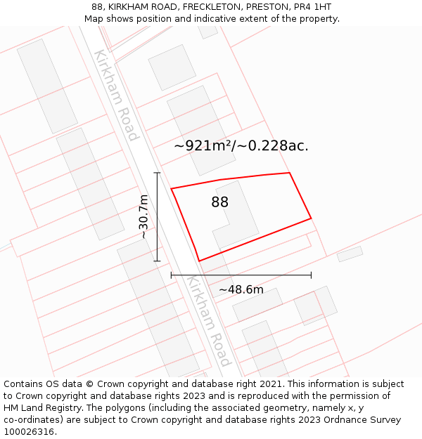 88, KIRKHAM ROAD, FRECKLETON, PRESTON, PR4 1HT: Plot and title map