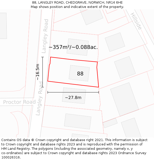 88, LANGLEY ROAD, CHEDGRAVE, NORWICH, NR14 6HE: Plot and title map