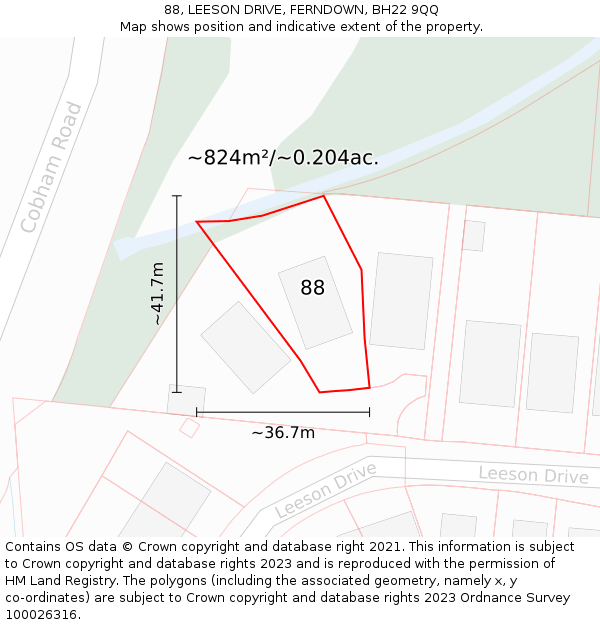 88, LEESON DRIVE, FERNDOWN, BH22 9QQ: Plot and title map