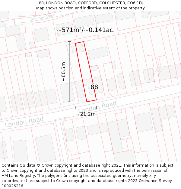 88, LONDON ROAD, COPFORD, COLCHESTER, CO6 1BJ: Plot and title map