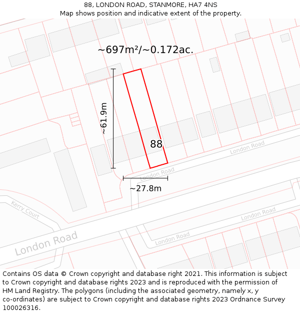 88, LONDON ROAD, STANMORE, HA7 4NS: Plot and title map