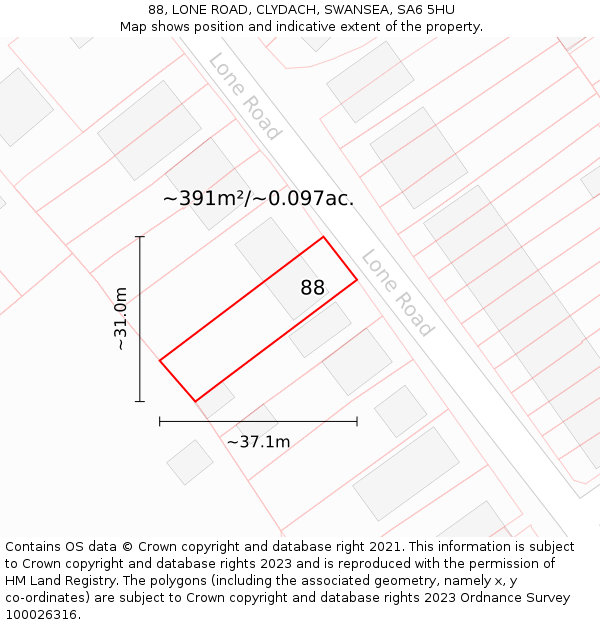 88, LONE ROAD, CLYDACH, SWANSEA, SA6 5HU: Plot and title map