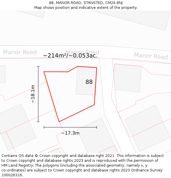 88, MANOR ROAD, STANSTED, CM24 8NJ: Plot and title map