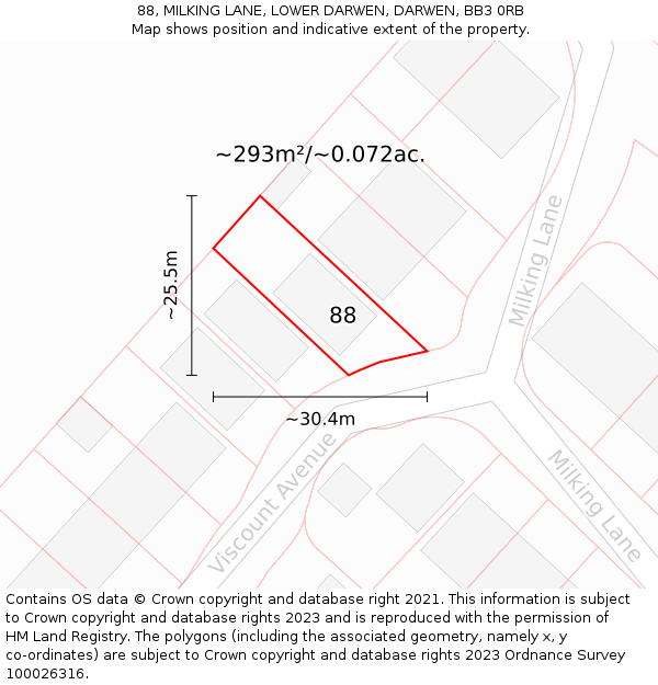 88, MILKING LANE, LOWER DARWEN, DARWEN, BB3 0RB: Plot and title map