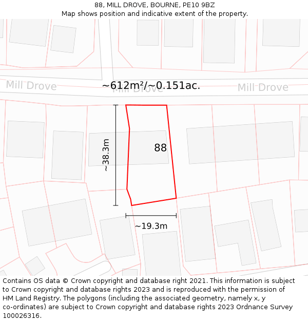 88, MILL DROVE, BOURNE, PE10 9BZ: Plot and title map