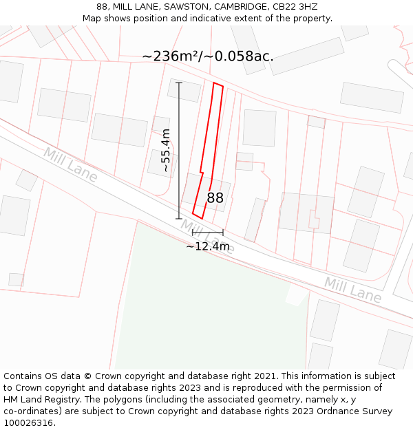 88, MILL LANE, SAWSTON, CAMBRIDGE, CB22 3HZ: Plot and title map