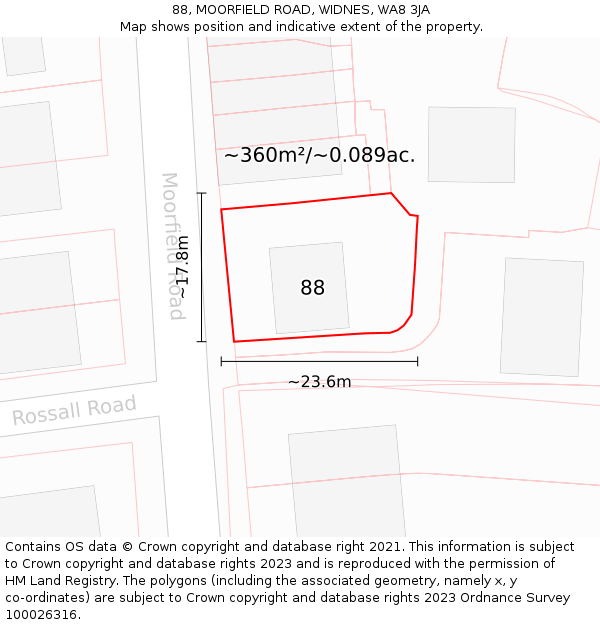 88, MOORFIELD ROAD, WIDNES, WA8 3JA: Plot and title map