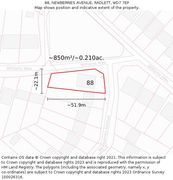 88, NEWBERRIES AVENUE, RADLETT, WD7 7EP: Plot and title map