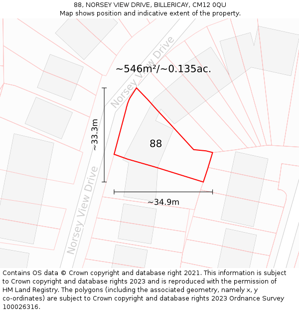 88, NORSEY VIEW DRIVE, BILLERICAY, CM12 0QU: Plot and title map