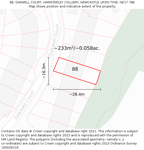 88, OAKWELL COURT, HAMSTERLEY COLLIERY, NEWCASTLE UPON TYNE, NE17 7BE: Plot and title map