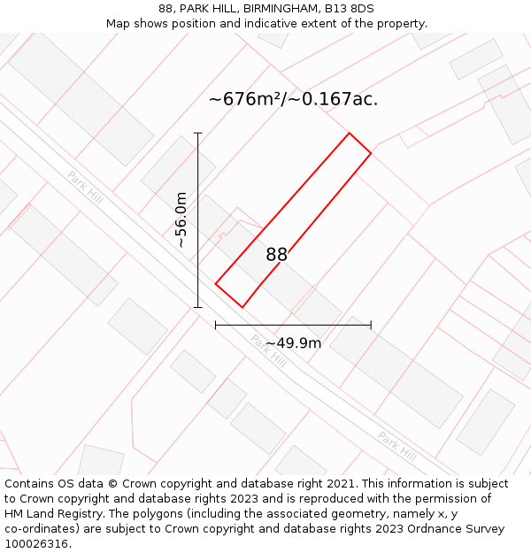 88, PARK HILL, BIRMINGHAM, B13 8DS: Plot and title map