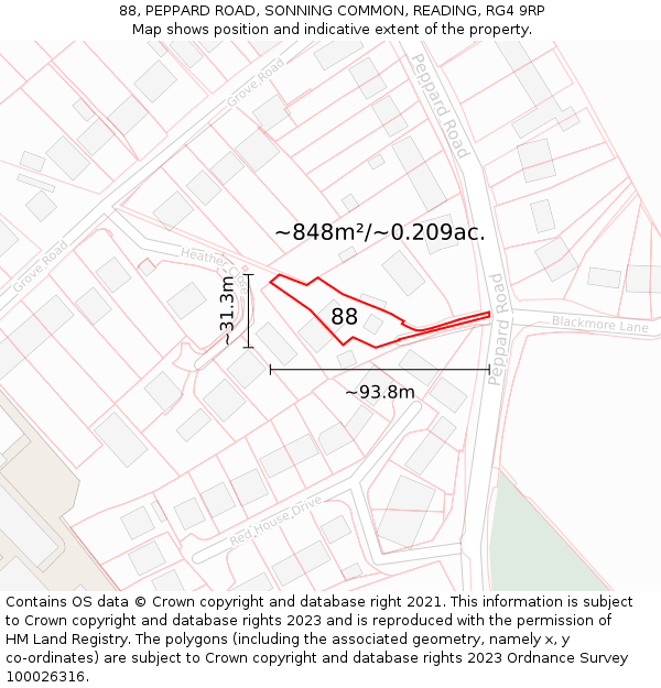 88, PEPPARD ROAD, SONNING COMMON, READING, RG4 9RP: Plot and title map