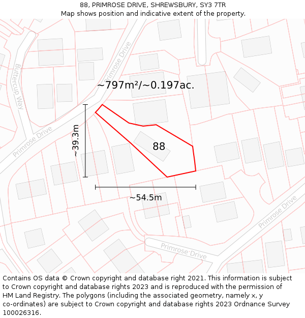 88, PRIMROSE DRIVE, SHREWSBURY, SY3 7TR: Plot and title map