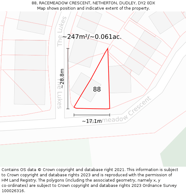 88, RACEMEADOW CRESCENT, NETHERTON, DUDLEY, DY2 0DX: Plot and title map