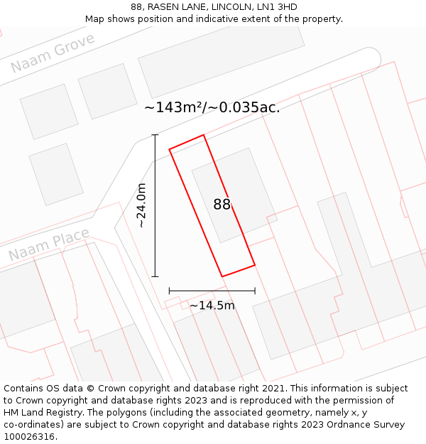 88, RASEN LANE, LINCOLN, LN1 3HD: Plot and title map
