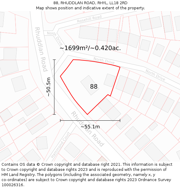 88, RHUDDLAN ROAD, RHYL, LL18 2RD: Plot and title map