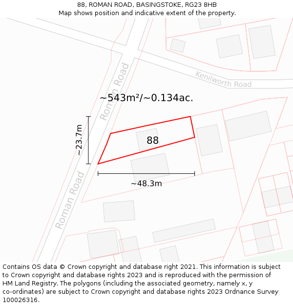 88, ROMAN ROAD, BASINGSTOKE, RG23 8HB: Plot and title map