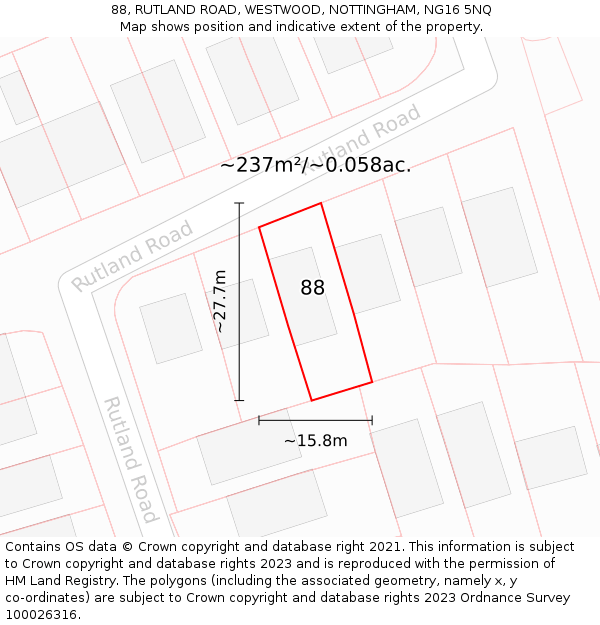 88, RUTLAND ROAD, WESTWOOD, NOTTINGHAM, NG16 5NQ: Plot and title map