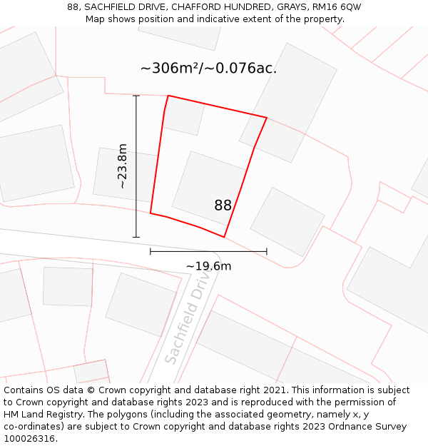 88, SACHFIELD DRIVE, CHAFFORD HUNDRED, GRAYS, RM16 6QW: Plot and title map