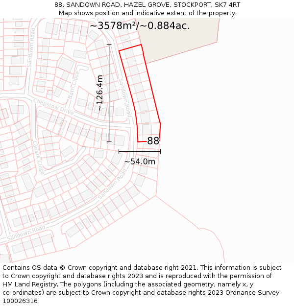 88, SANDOWN ROAD, HAZEL GROVE, STOCKPORT, SK7 4RT: Plot and title map