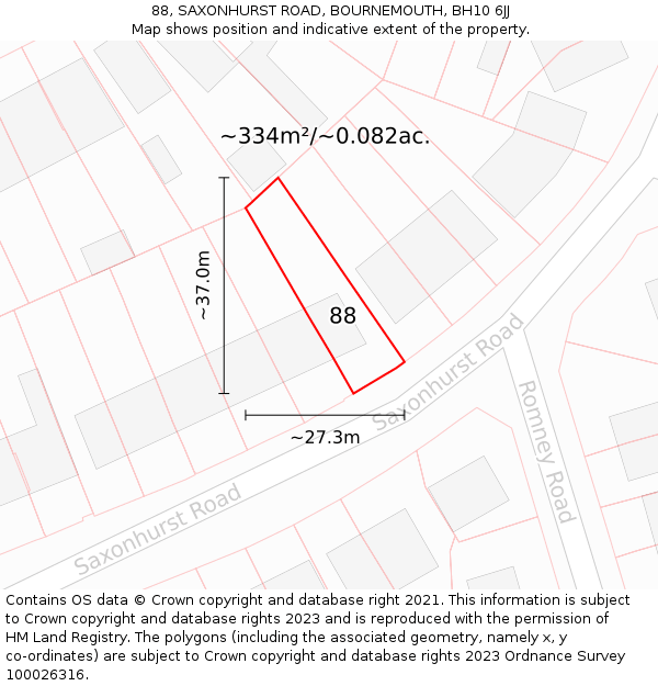 88, SAXONHURST ROAD, BOURNEMOUTH, BH10 6JJ: Plot and title map