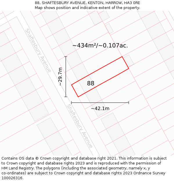 88, SHAFTESBURY AVENUE, KENTON, HARROW, HA3 0RE: Plot and title map