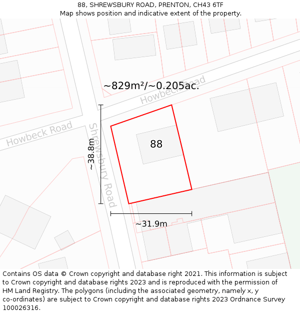 88, SHREWSBURY ROAD, PRENTON, CH43 6TF: Plot and title map