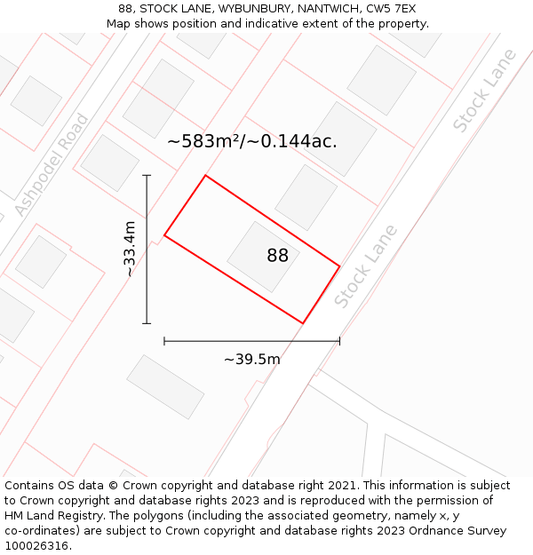 88, STOCK LANE, WYBUNBURY, NANTWICH, CW5 7EX: Plot and title map