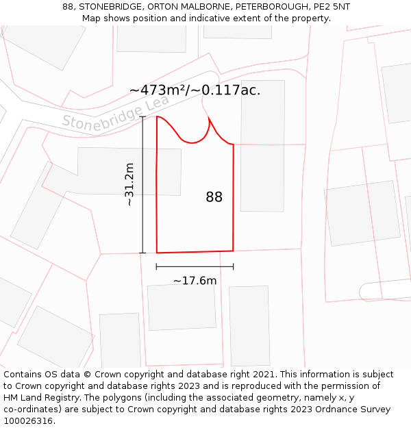 88, STONEBRIDGE, ORTON MALBORNE, PETERBOROUGH, PE2 5NT: Plot and title map