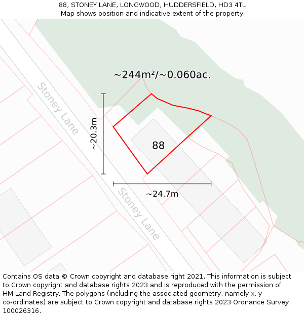 88, STONEY LANE, LONGWOOD, HUDDERSFIELD, HD3 4TL: Plot and title map