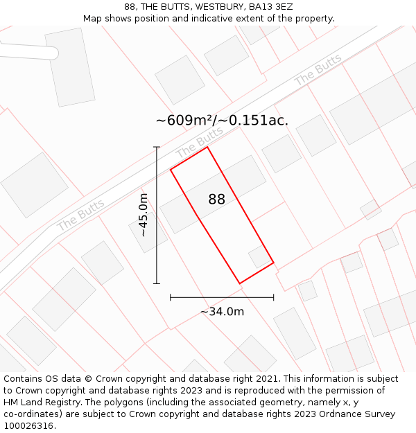 88, THE BUTTS, WESTBURY, BA13 3EZ: Plot and title map