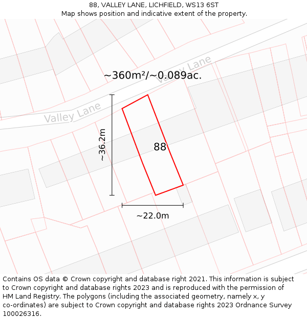 88, VALLEY LANE, LICHFIELD, WS13 6ST: Plot and title map