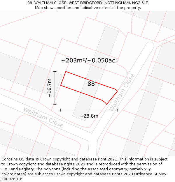 88, WALTHAM CLOSE, WEST BRIDGFORD, NOTTINGHAM, NG2 6LE: Plot and title map