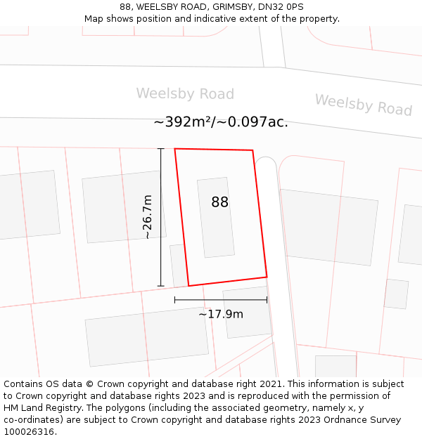 88, WEELSBY ROAD, GRIMSBY, DN32 0PS: Plot and title map