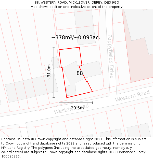 88, WESTERN ROAD, MICKLEOVER, DERBY, DE3 9GQ: Plot and title map