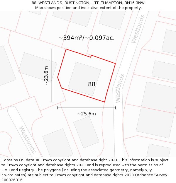 88, WESTLANDS, RUSTINGTON, LITTLEHAMPTON, BN16 3NW: Plot and title map