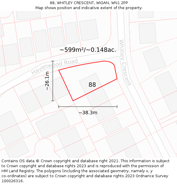 88, WHITLEY CRESCENT, WIGAN, WN1 2PP: Plot and title map