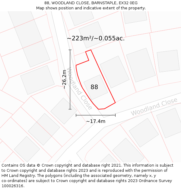 88, WOODLAND CLOSE, BARNSTAPLE, EX32 0EG: Plot and title map