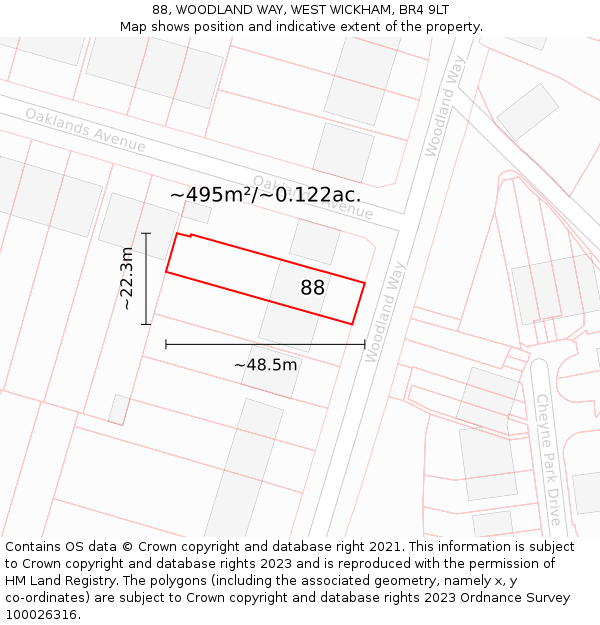 88, WOODLAND WAY, WEST WICKHAM, BR4 9LT: Plot and title map