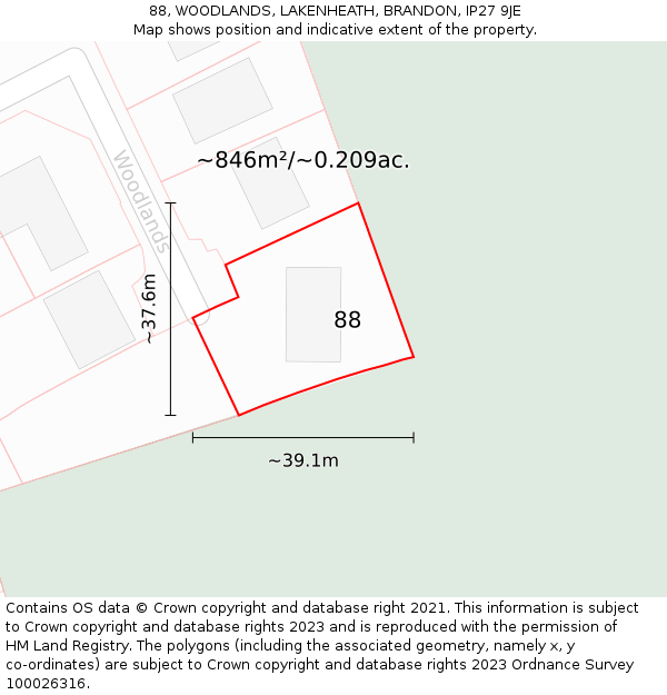 88, WOODLANDS, LAKENHEATH, BRANDON, IP27 9JE: Plot and title map