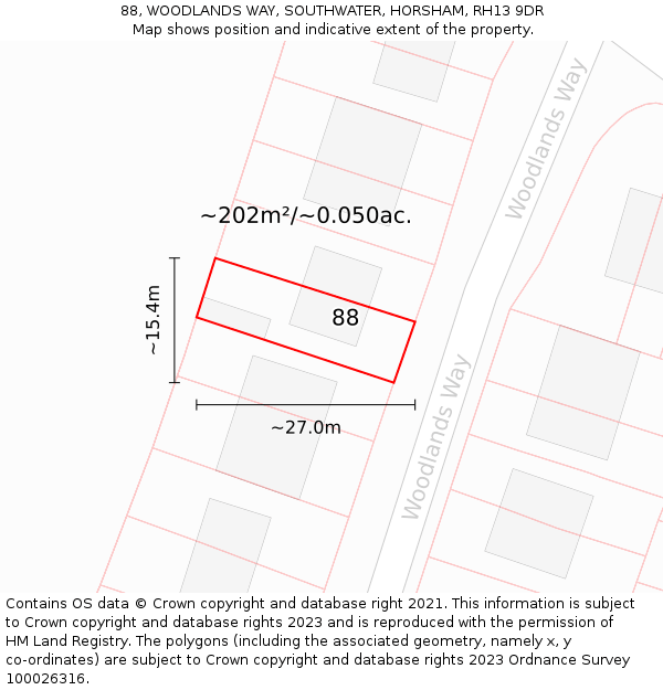 88, WOODLANDS WAY, SOUTHWATER, HORSHAM, RH13 9DR: Plot and title map