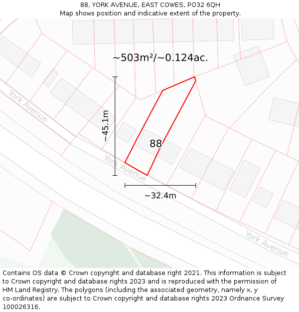 88, YORK AVENUE, EAST COWES, PO32 6QH: Plot and title map