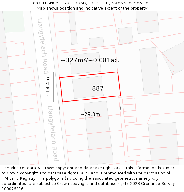 887, LLANGYFELACH ROAD, TREBOETH, SWANSEA, SA5 9AU: Plot and title map