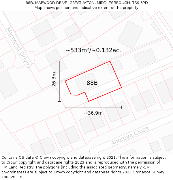 88B, MARWOOD DRIVE, GREAT AYTON, MIDDLESBROUGH, TS9 6PD: Plot and title map