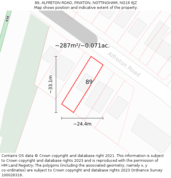 89, ALFRETON ROAD, PINXTON, NOTTINGHAM, NG16 6JZ: Plot and title map