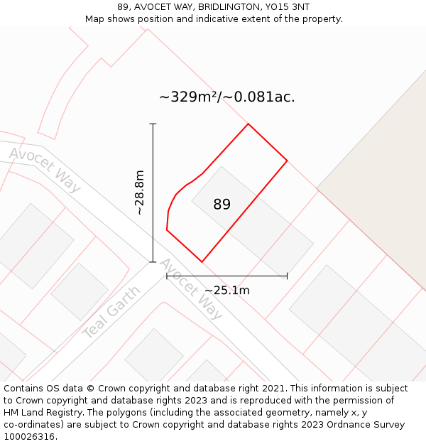 89, AVOCET WAY, BRIDLINGTON, YO15 3NT: Plot and title map