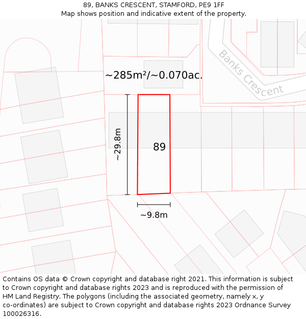 89, BANKS CRESCENT, STAMFORD, PE9 1FF: Plot and title map