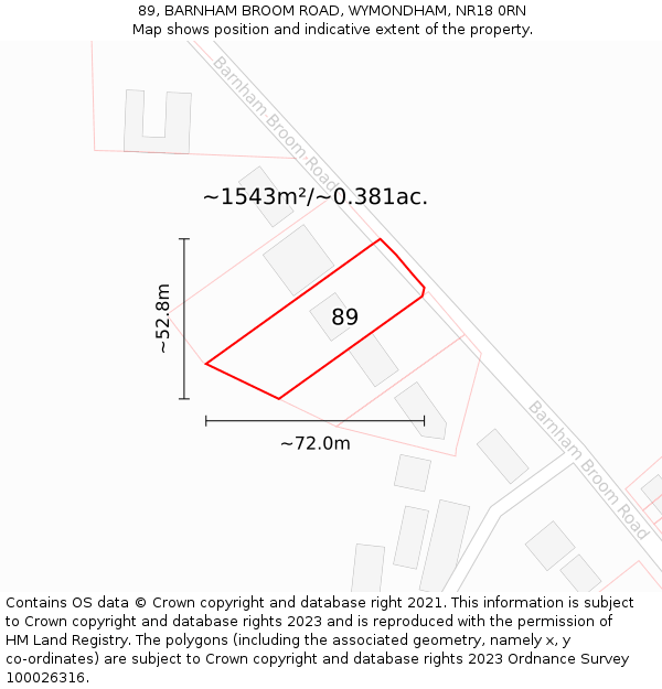 89, BARNHAM BROOM ROAD, WYMONDHAM, NR18 0RN: Plot and title map